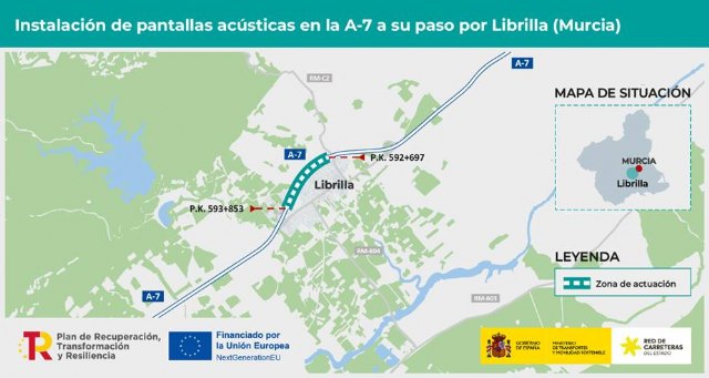 Transportes licita por 2,58 millones de euros las obras para reducir el ruido de la A-7 a su paso por Librilla, en Murcia